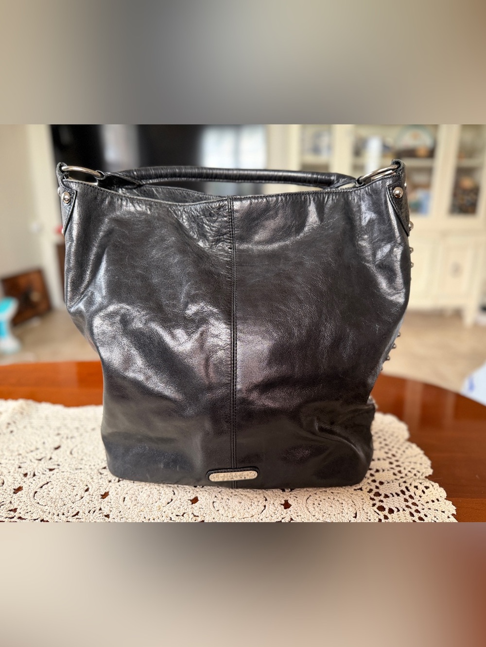 Cynthia Rowley Shiny Black Leather Hobo Shoulder Bag with Stud Details